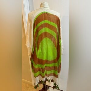 Parfois Kimono Unique Tie Tassels Bright Green Tan Lightweight Sheer Woven